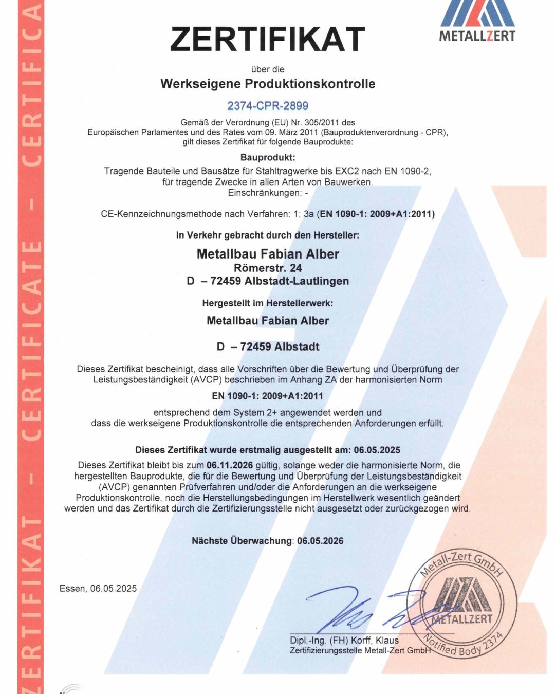 Zertifikat Produktionskontrolle